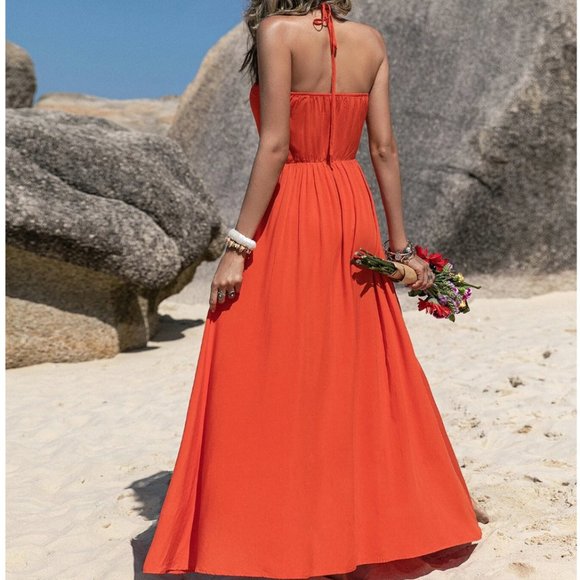 Boho Orange Knot Front Tie Back Maxi Halter Dress - Picture 2 of 6